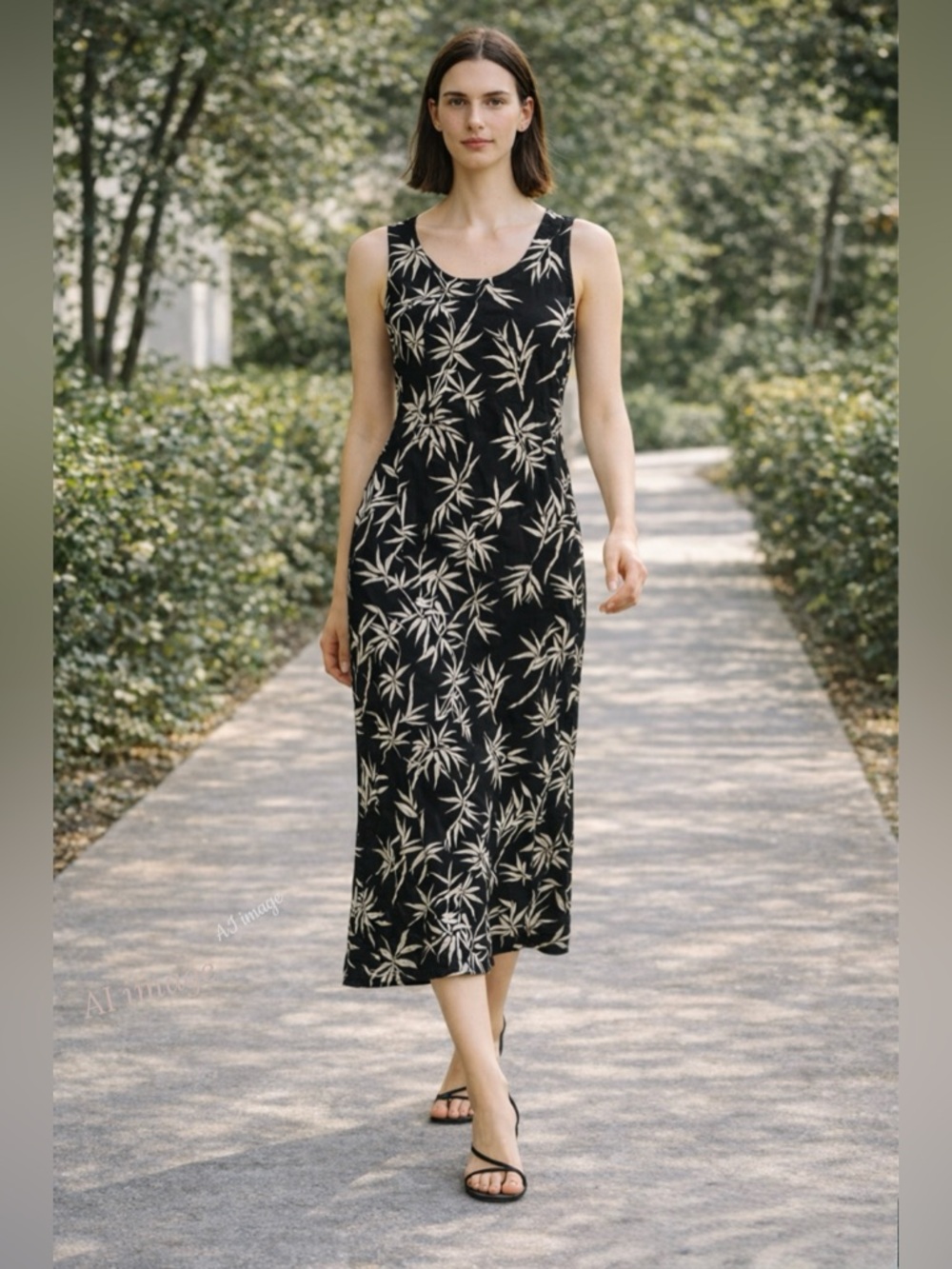 Vintage 90s Bamboo Print Midi Dress Black White Sleeveless Minimal M